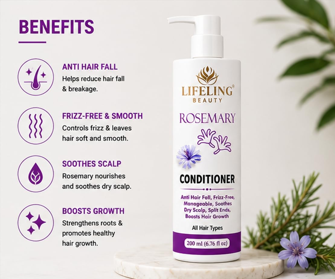Lifeling Beauty Rosemary Conditioner, Anti Hair Fall, Frizz-Free, Repairs Bond, Sulfate Free, All Hair Types, 200 ml