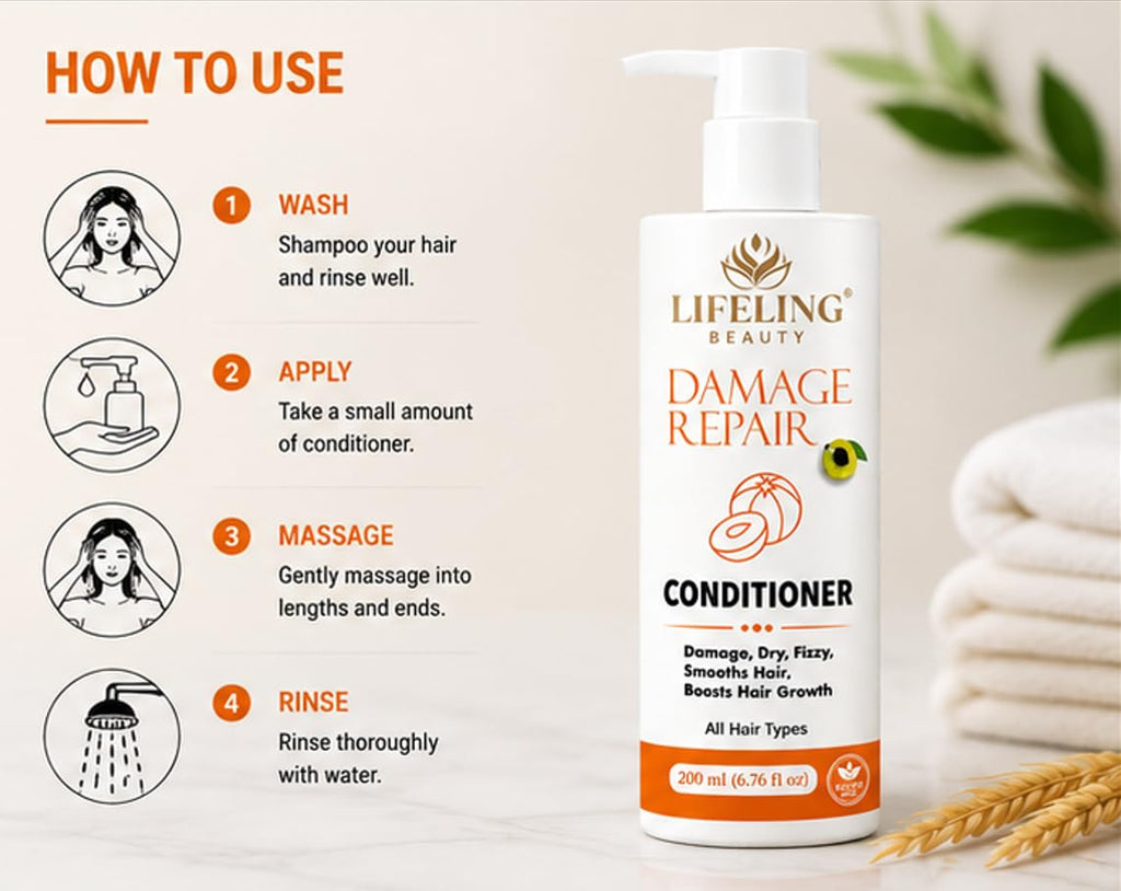 Lifeling Beauty Damage Repair Conditioner, Sulfate Free, Rice Water Infused, Controls Frizz, Repairs Bond, All Hair Types, 200 ml