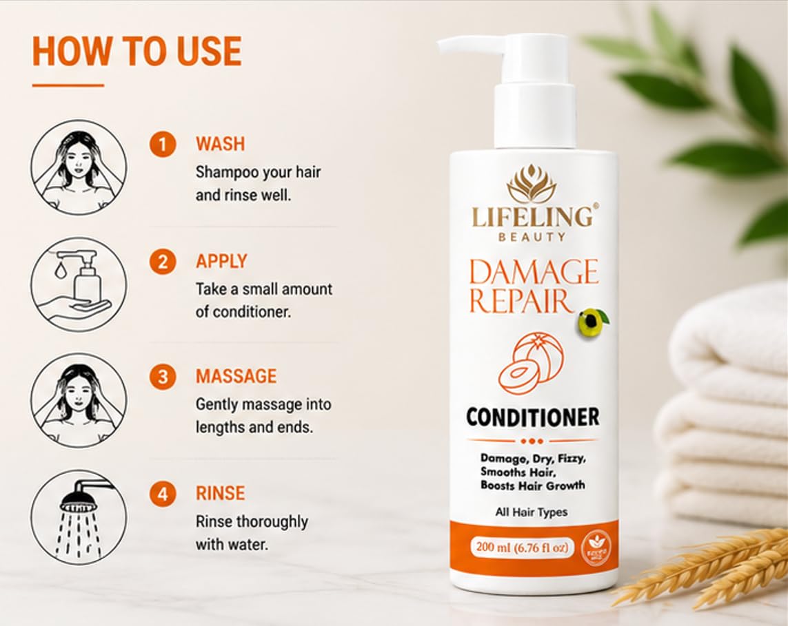 Lifeling Beauty Damage Repair Conditioner, Sulfate Free, Rice Water Infused, Controls Frizz, Repairs Bond, All Hair Types, 200 ml