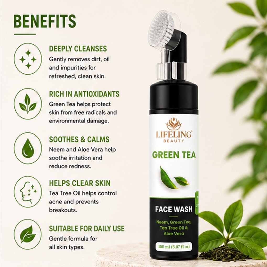 LIFELING BEAUTY Face Wash with Built-In Brush, Gel Formula, Skin Brightness & Glowing Hydration, 150 ml (Green Tea Facewash)