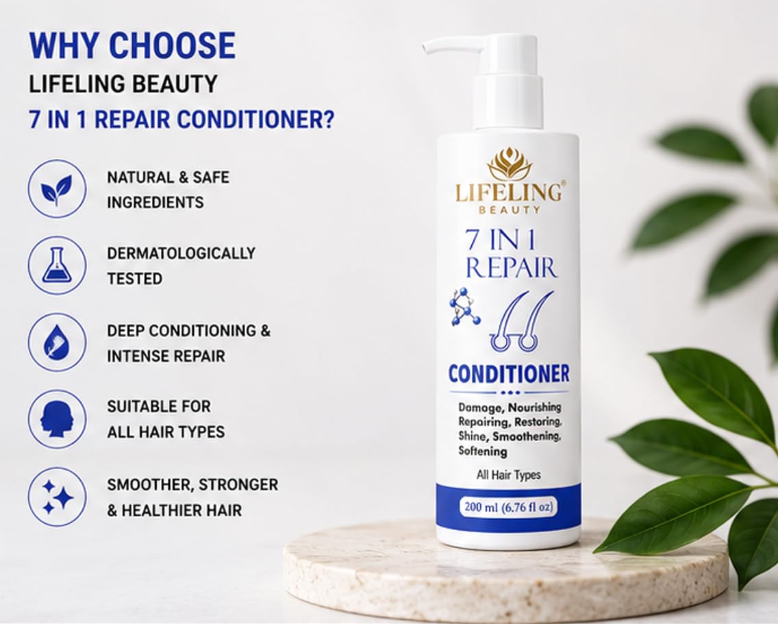 Lifeling Beauty 7 in 1 Repair Conditioner, Rice Water Infused, Sulfate Free, Controls Frizz, Repairs Bond, 200 ml