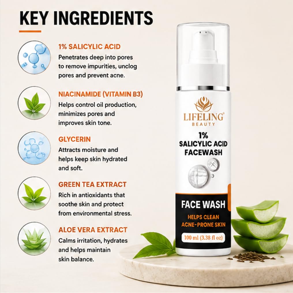 Lifeling Beauty Face Wash with Neem, Tea Tree Oil & Aloe Vera, 100 ml (1% Salicylic Acid Facewash)