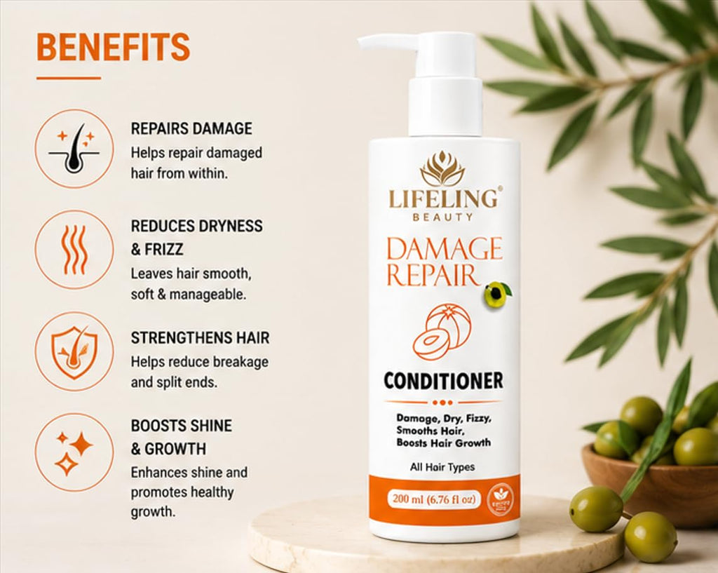 Lifeling Beauty Damage Repair Conditioner, Sulfate Free, Rice Water Infused, Controls Frizz, Repairs Bond, All Hair Types, 200 ml