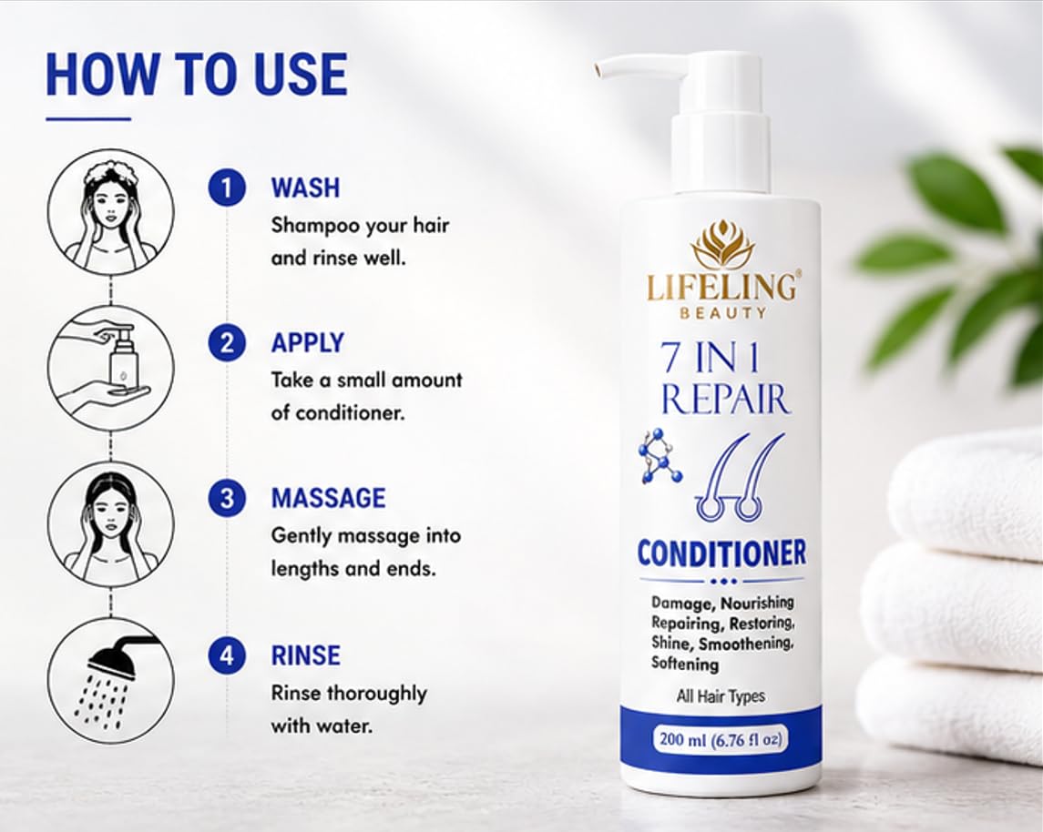 Lifeling Beauty 7 in 1 Repair Conditioner, Rice Water Infused, Sulfate Free, Controls Frizz, Repairs Bond, 200 ml