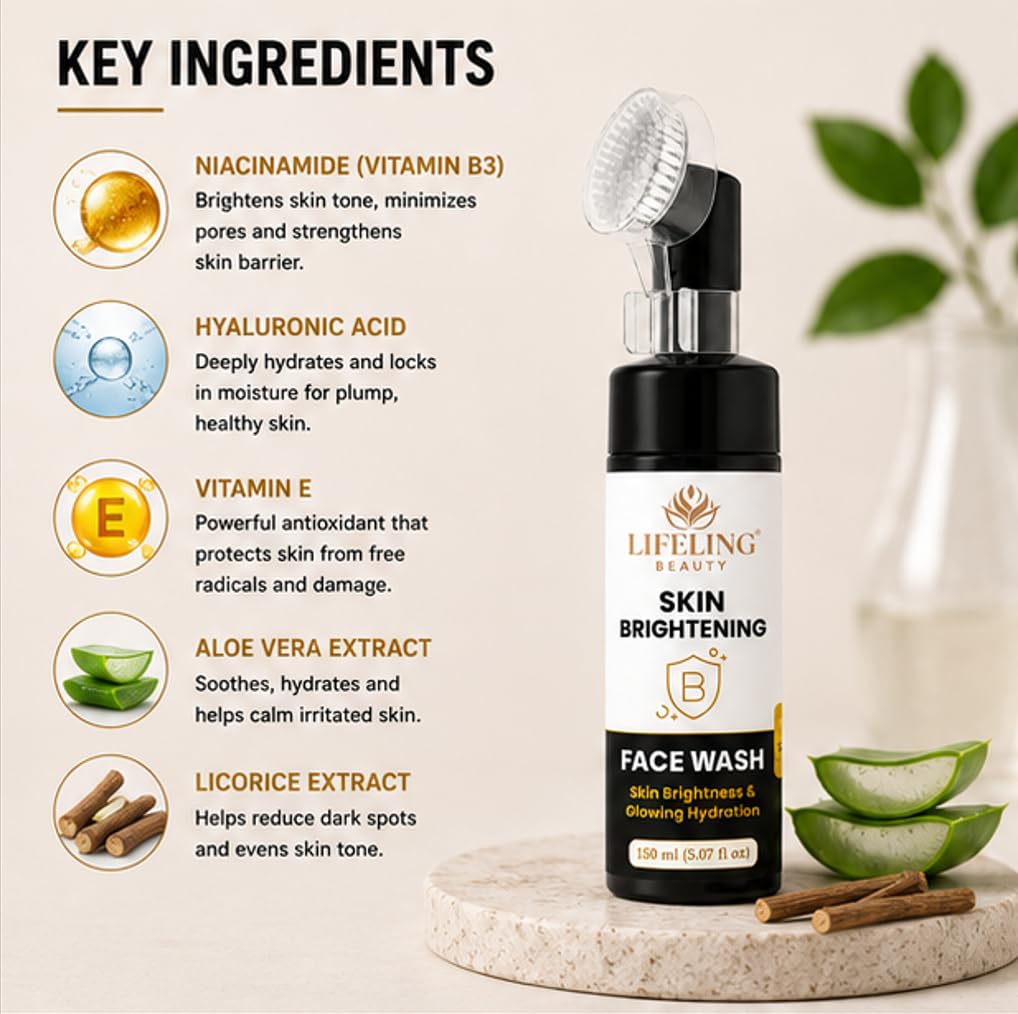 LIFELING BEAUTY Face Wash with Built-In Brush, Gel Formula, Skin Brightness & Glowing Hydration, 150 ml (Skin Brightening Facewash)