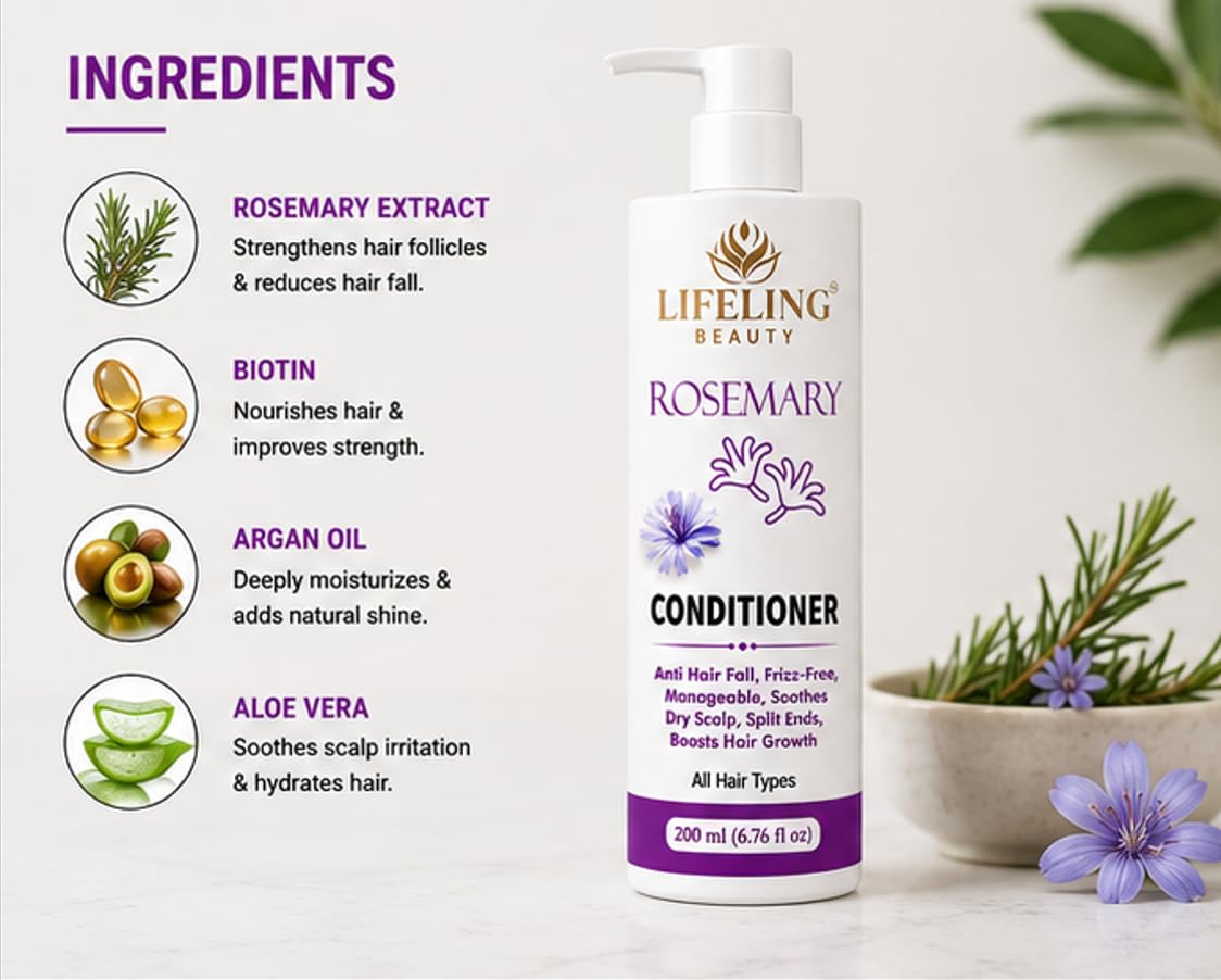 Lifeling Beauty Rosemary Conditioner, Anti Hair Fall, Frizz-Free, Repairs Bond, Sulfate Free, All Hair Types, 200 ml