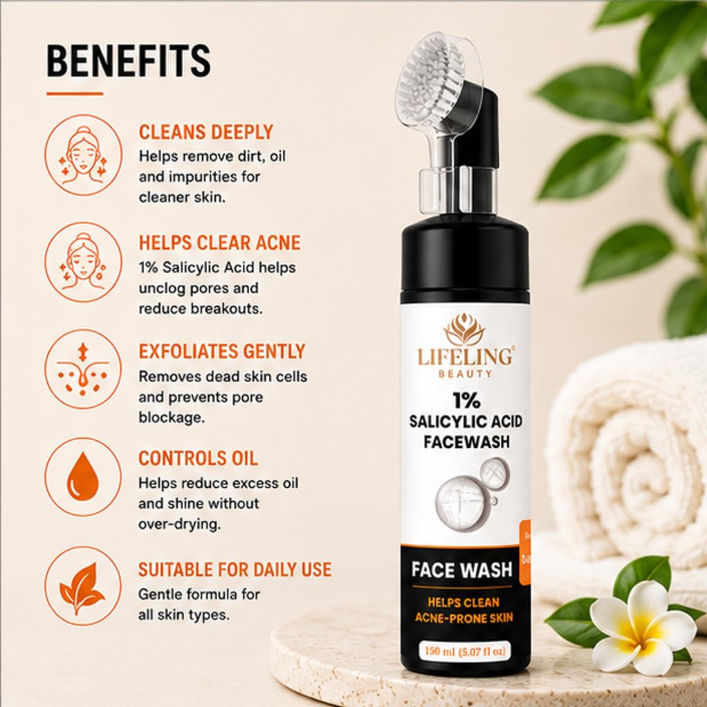 LIFELING BEAUTY Face Wash with Built-In Brush, Gel Formula, Skin Brightness & Glowing Hydration, 150 ml (1% Salicylic Acid Facewash)