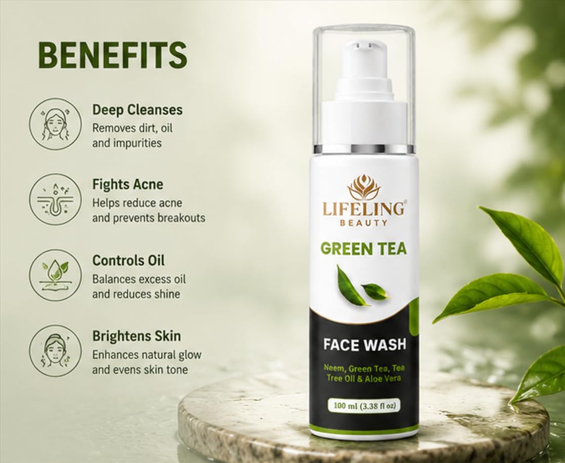 Lifeling Beauty Face Wash with Neem, Tea Tree Oil & Aloe Vera, 100 ml (Green Tea Facewash)