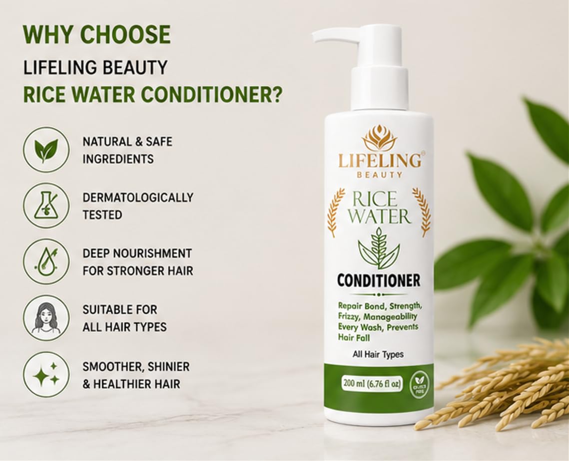 Lifeling Beauty Rice Water Conditioner, Repairs Bond, Prevents Hair Fall, Sulfate Free, All Hair Types, 200 ml