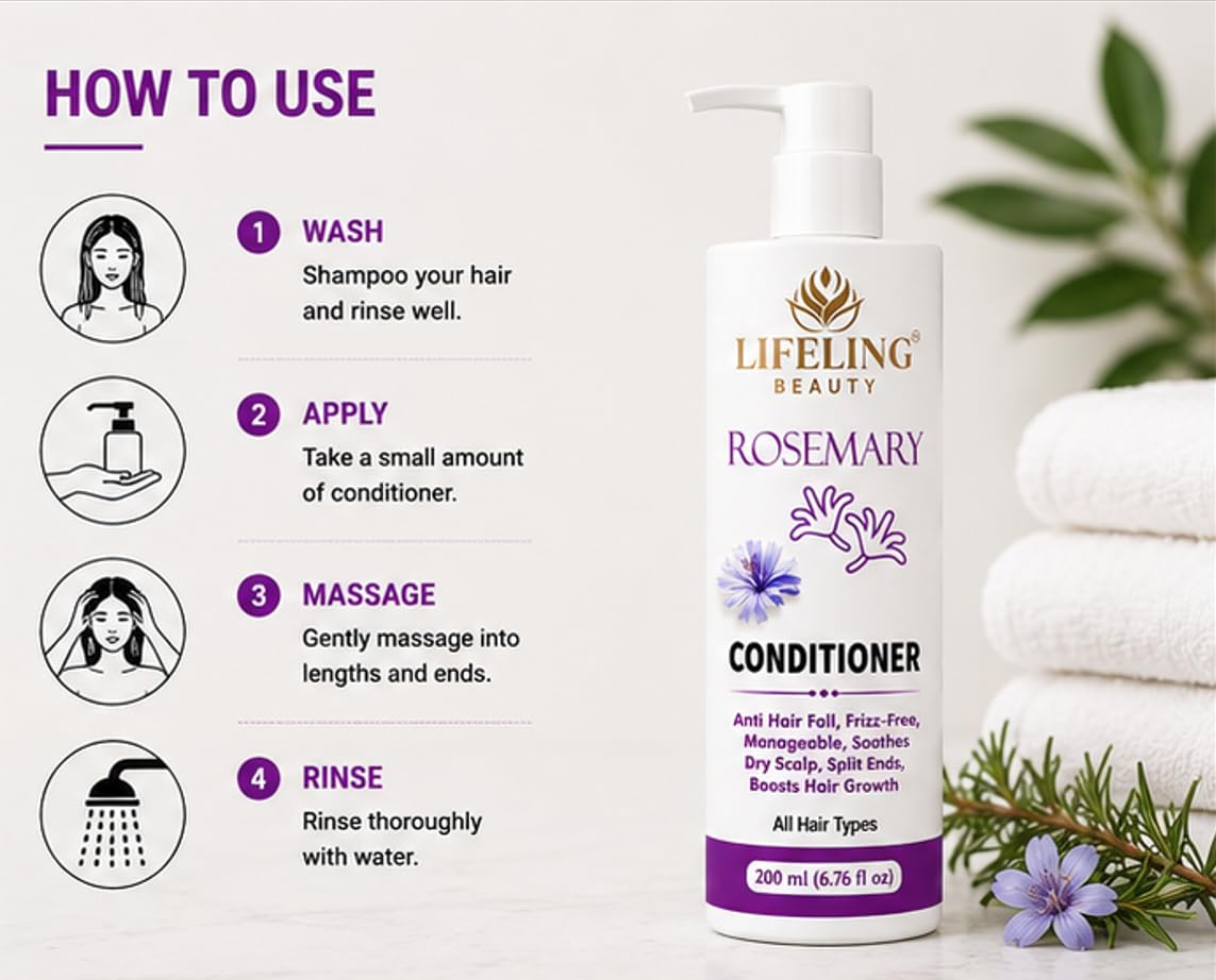 Lifeling Beauty Rosemary Conditioner, Anti Hair Fall, Frizz-Free, Repairs Bond, Sulfate Free, All Hair Types, 200 ml