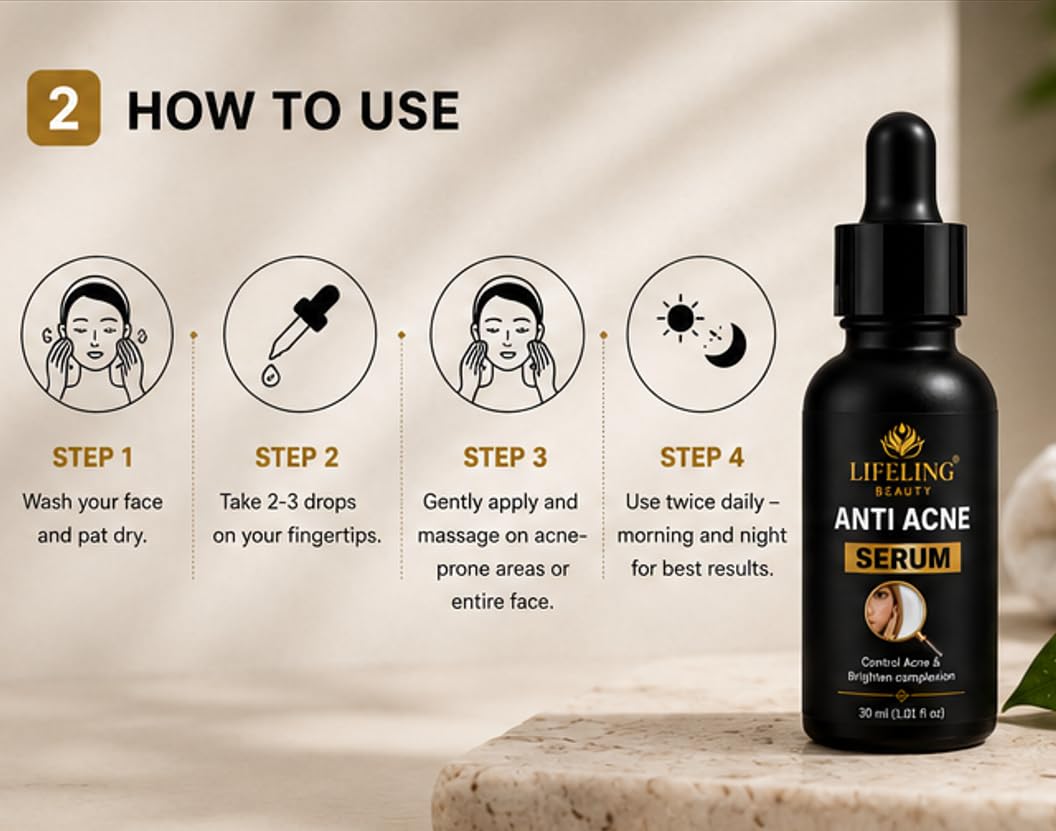 Lifeling Beauty Anti Acne Serum, Controls Oil & Shine, Brightens Complexion, Fights Breakouts, 30 ml