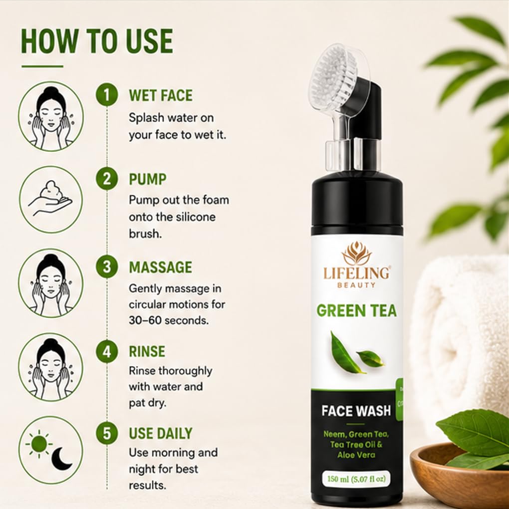 LIFELING BEAUTY Face Wash with Built-In Brush, Gel Formula, Skin Brightness & Glowing Hydration, 150 ml (Green Tea Facewash)