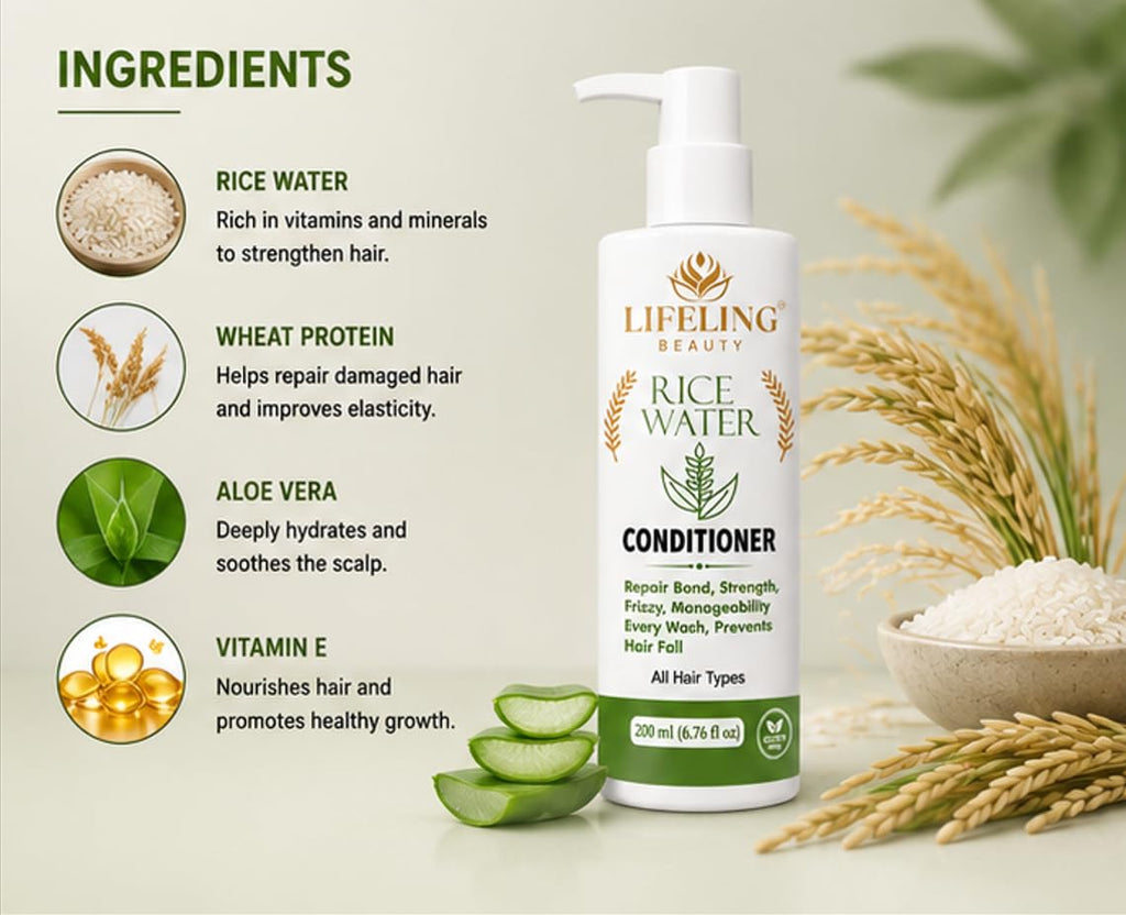 Lifeling Beauty Rice Water Conditioner, Repairs Bond, Prevents Hair Fall, Sulfate Free, All Hair Types, 200 ml