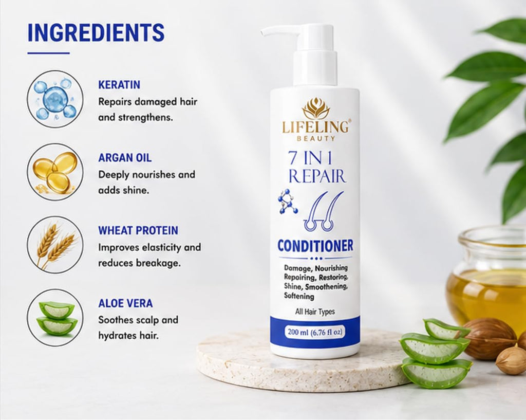 Lifeling Beauty 7 in 1 Repair Conditioner, Rice Water Infused, Sulfate Free, Controls Frizz, Repairs Bond, 200 ml