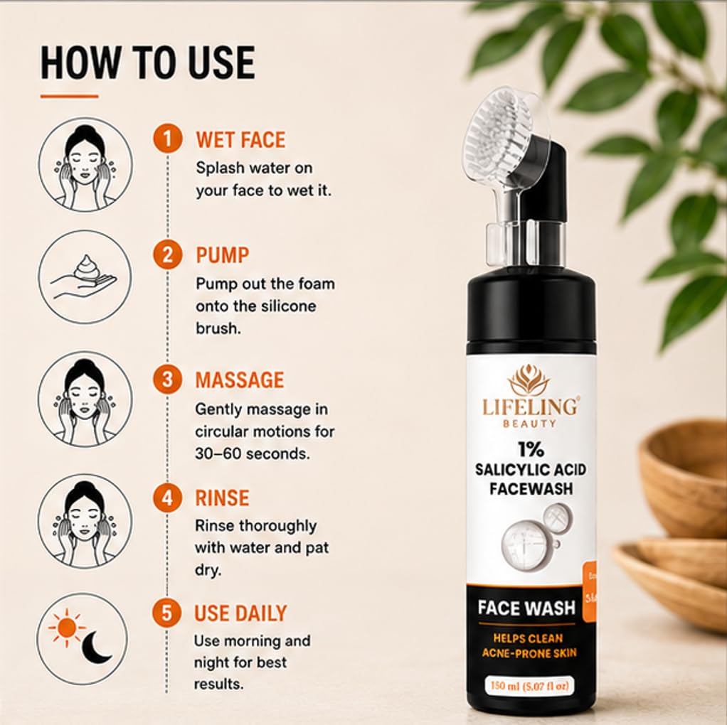 LIFELING BEAUTY Face Wash with Built-In Brush, Gel Formula, Skin Brightness & Glowing Hydration, 150 ml (1% Salicylic Acid Facewash)