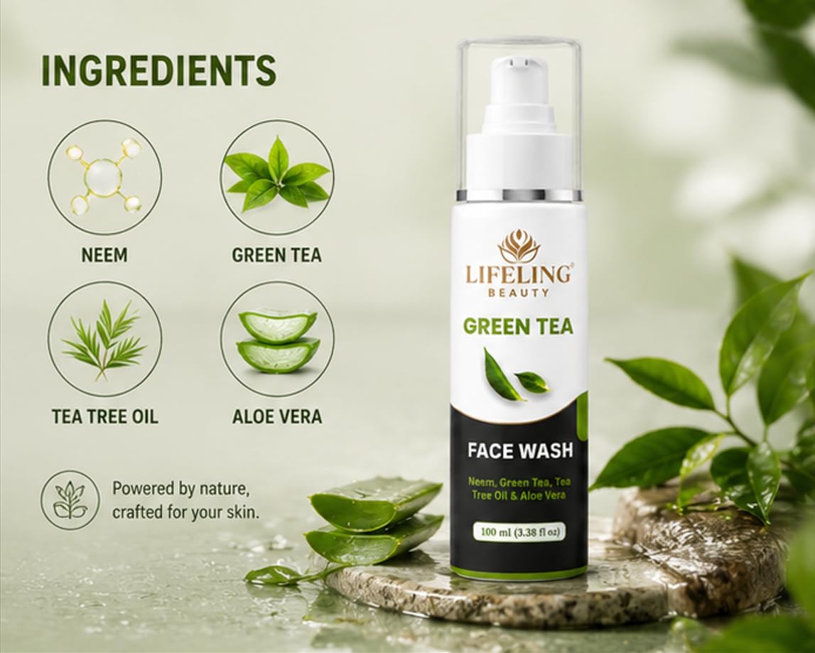 Lifeling Beauty Face Wash with Neem, Tea Tree Oil & Aloe Vera, 100 ml (Green Tea Facewash)