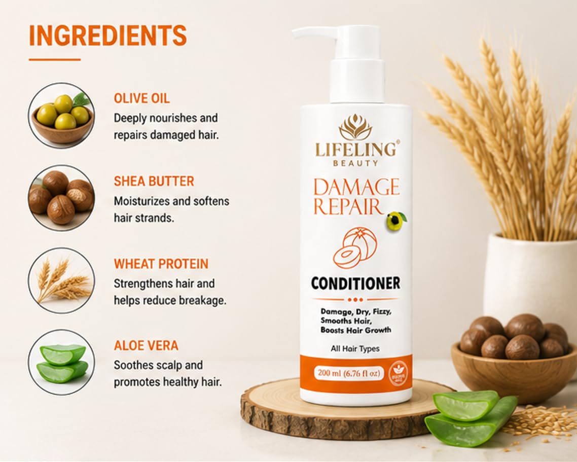 Lifeling Beauty Damage Repair Conditioner, Sulfate Free, Rice Water Infused, Controls Frizz, Repairs Bond, All Hair Types, 200 ml