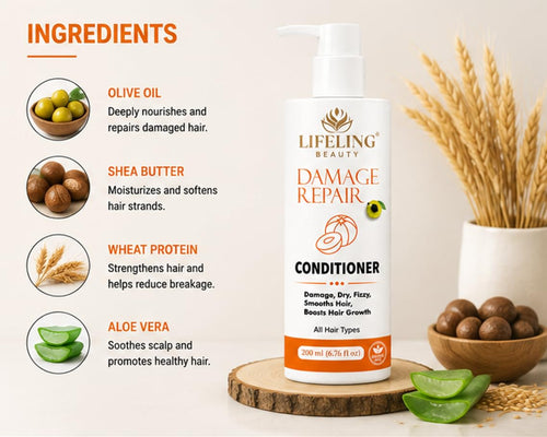 Lifeling Beauty Damage Repair Conditioner, Sulfate Free, Rice Water Infused, Controls Frizz, Repairs Bond, All Hair Types, 200 ml