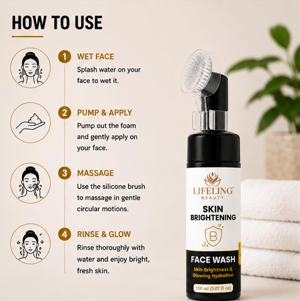 LIFELING BEAUTY Face Wash with Built-In Brush, Gel Formula, Skin Brightness & Glowing Hydration, 150 ml (Skin Brightening Facewash)