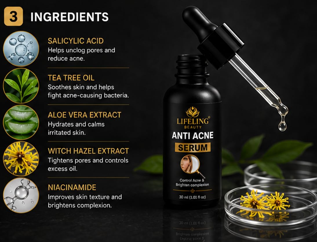 Lifeling Beauty Anti Acne Serum, Controls Oil & Shine, Brightens Complexion, Fights Breakouts, 30 ml