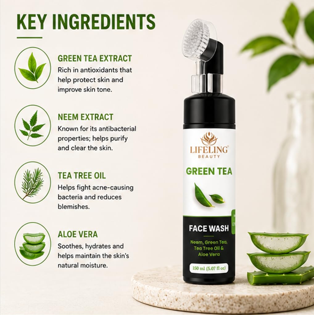 LIFELING BEAUTY Face Wash with Built-In Brush, Gel Formula, Skin Brightness & Glowing Hydration, 150 ml (Green Tea Facewash)