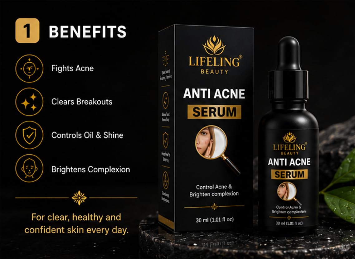Lifeling Beauty Anti Acne Serum, Controls Oil & Shine, Brightens Complexion, Fights Breakouts, 30 ml