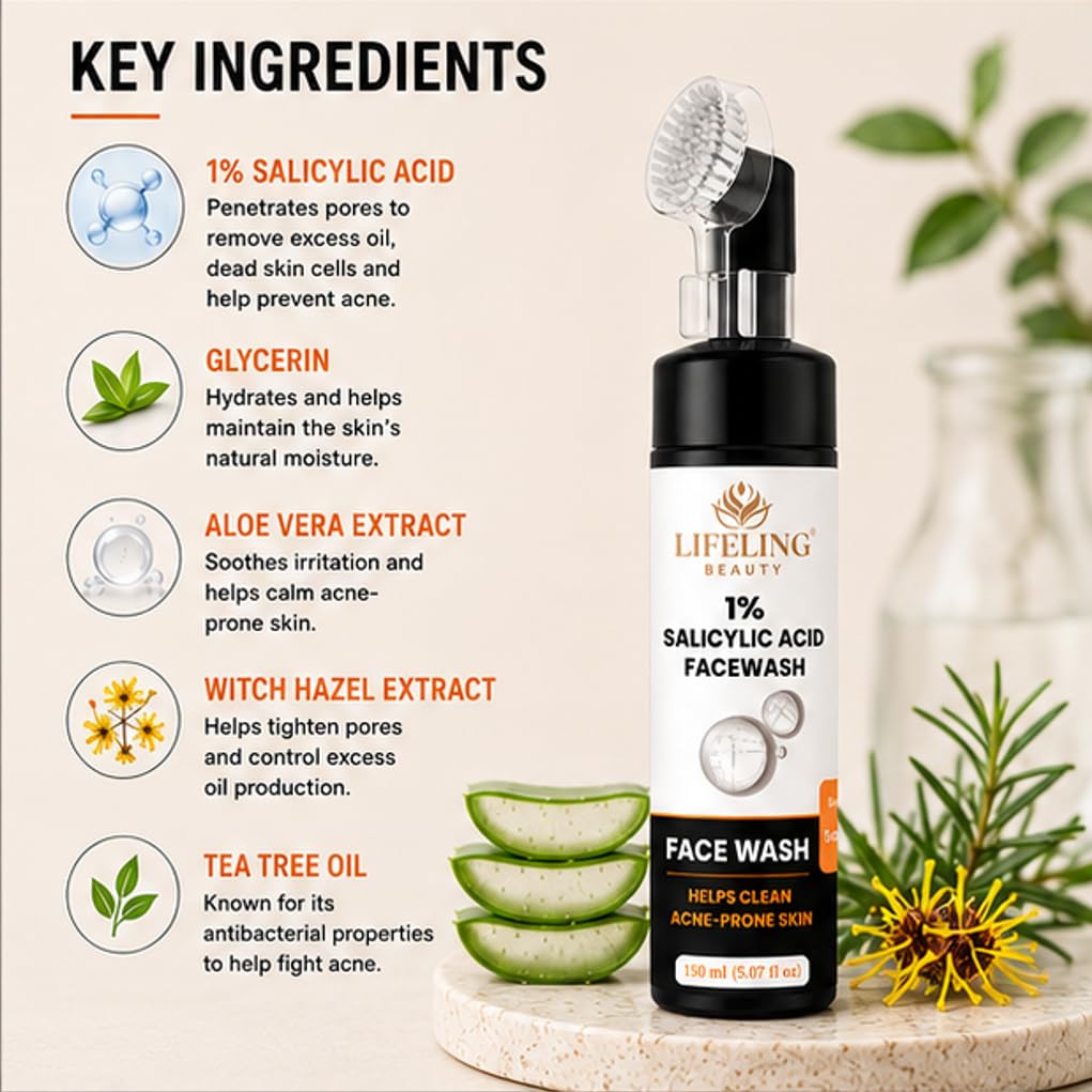 LIFELING BEAUTY Face Wash with Built-In Brush, Gel Formula, Skin Brightness & Glowing Hydration, 150 ml (1% Salicylic Acid Facewash)