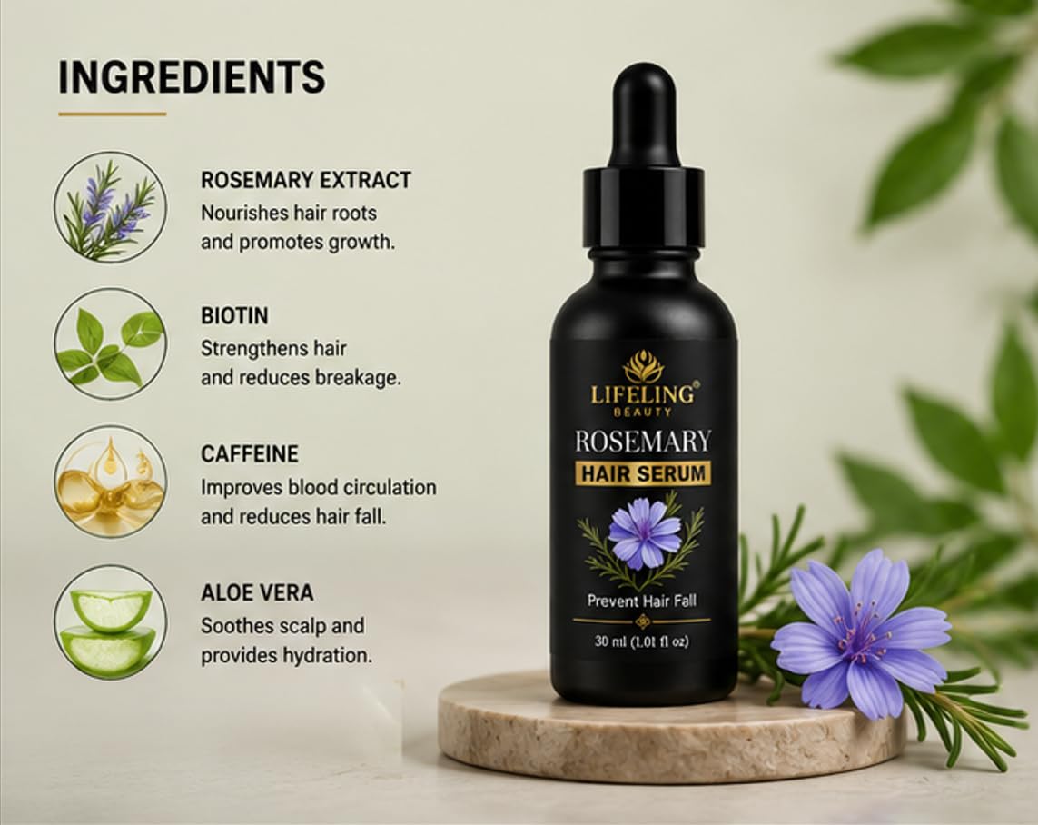 Lifeling Beauty Rosemary Hair Serum, Prevents Hair Fall, Strengthens Roots, Nourishes Scalp, 30 ml