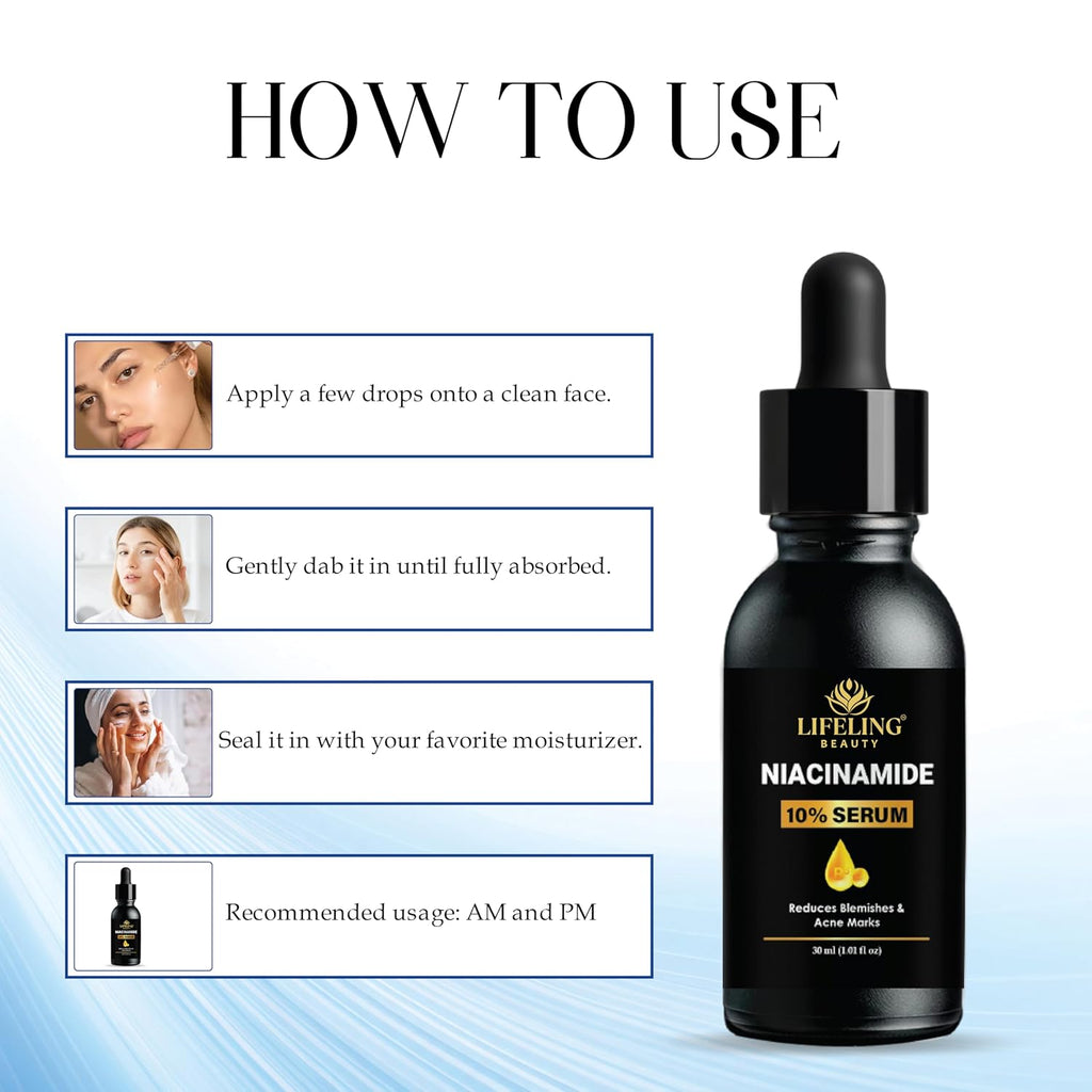 LIFELING BEAUTY Niacinamide 10% Face Serum, Reduces Blemishes & Acne Marks, Minimises Pores, 30ml
