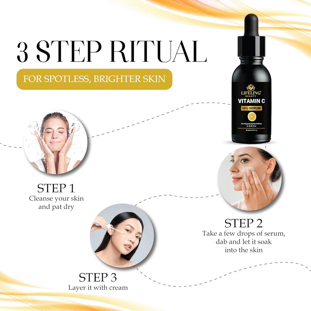 LIFELING BEAUTY Vitamin C 10% Serum for Hyperpigmentation & Dull Skin, Boosts Collagen Production, Brightens Skin, Fades Dark Spots, 30ml