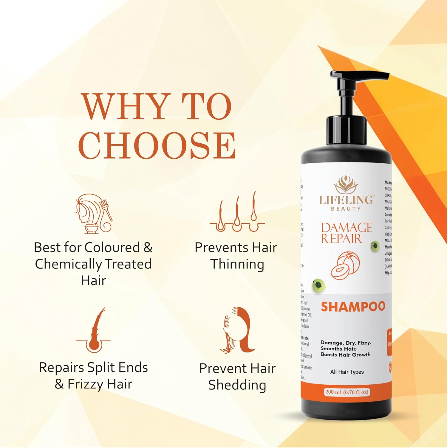 Lifeling Beauty Shampoo, Smoothens Hair, Treats Split Ends, Boosts Hair Growth, All Hair Types, 200 ml (Damage repair shampoo)