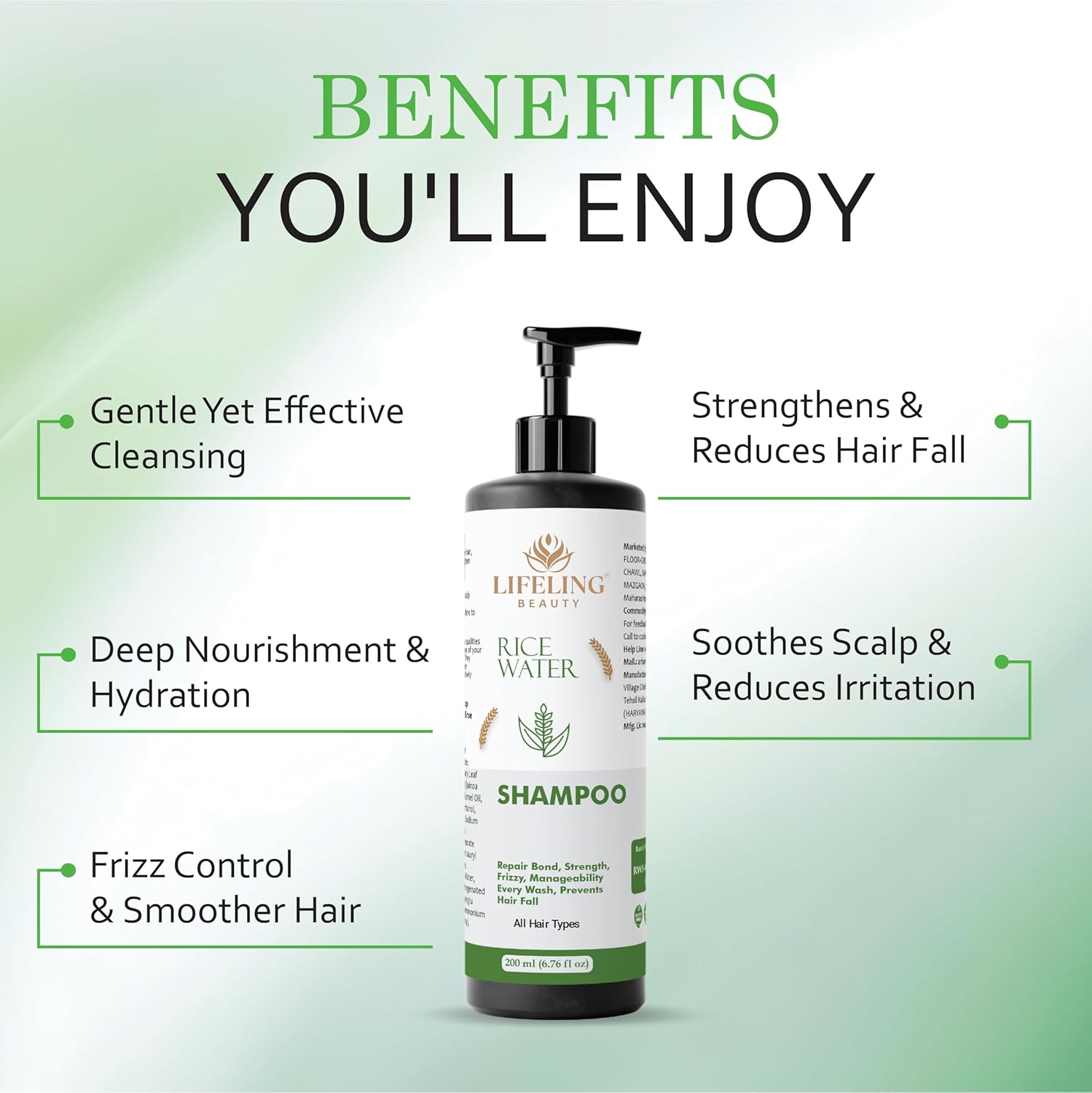 Lifeling Beauty Shampoo, Smoothens Hair, Treats Split Ends, Boosts Hair Growth, All Hair Types, 200 ml (Rice water shampoo)