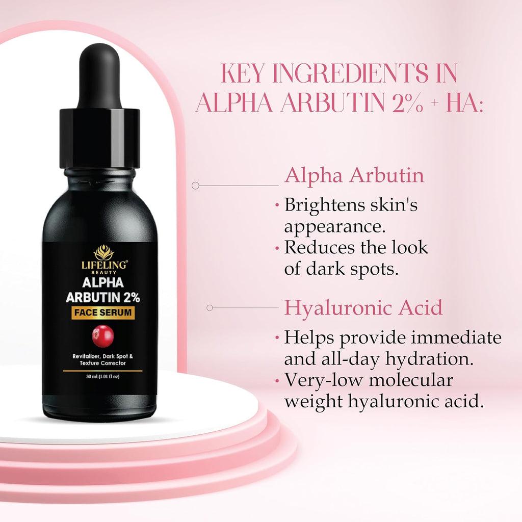 Lifeling Beauty Alpha Arbutin 2% Face Serum with Hyaluronic Acid, Dark Spot & Texture Corrector, 30ml