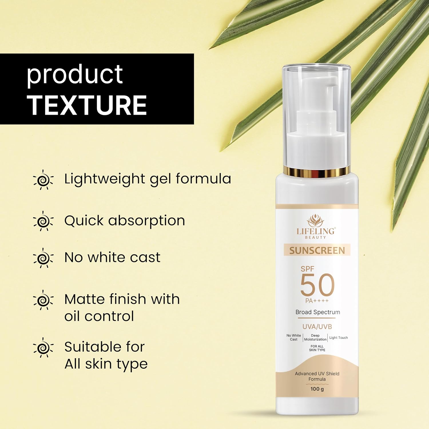 LIFELING BEAUTY Sunscreen SPF 50 PA++++, Broad Spectrum UVA/UVB Protection, No White Cast, Matte Finish, Lightweight Gel, for All Skin Types (100GM)