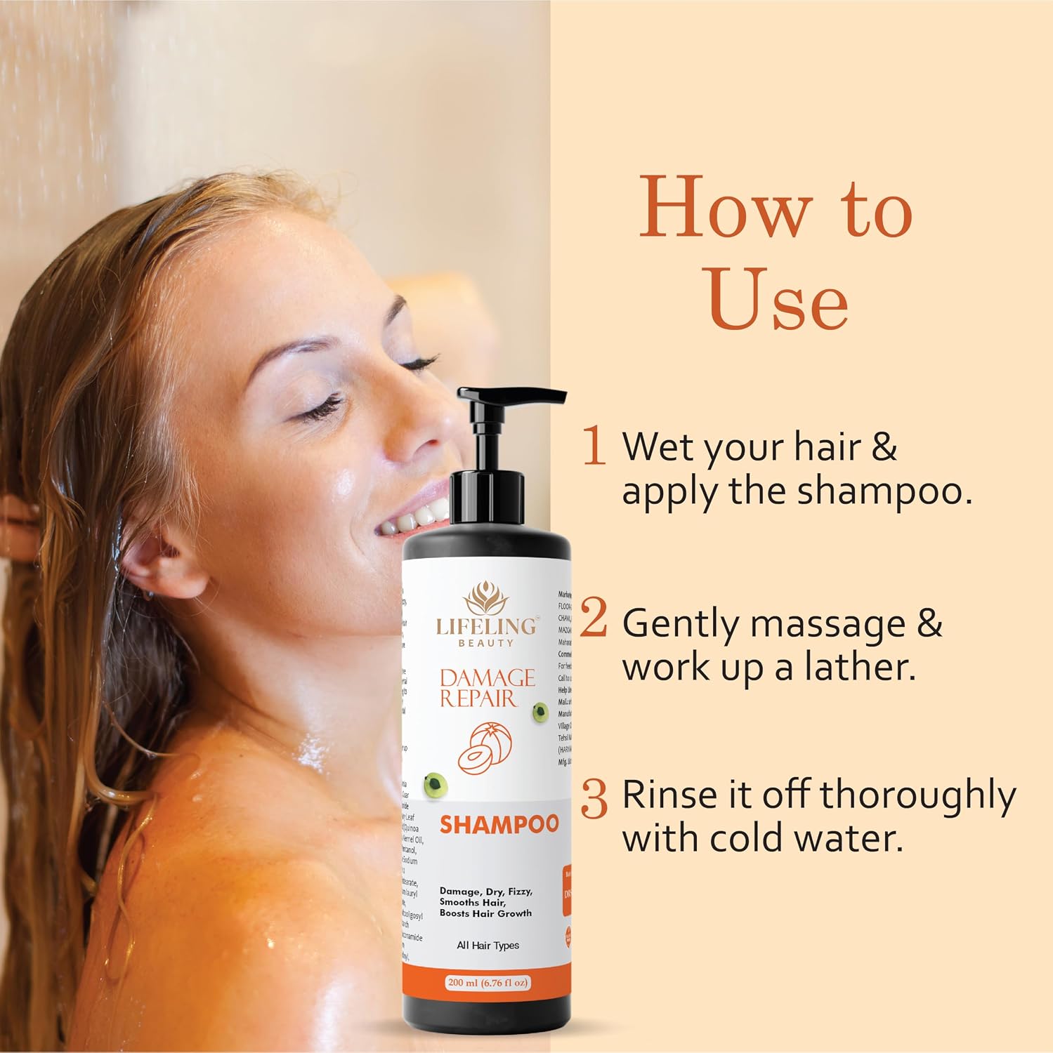Lifeling Beauty Shampoo, Smoothens Hair, Treats Split Ends, Boosts Hair Growth, All Hair Types, 200 ml (Damage repair shampoo)