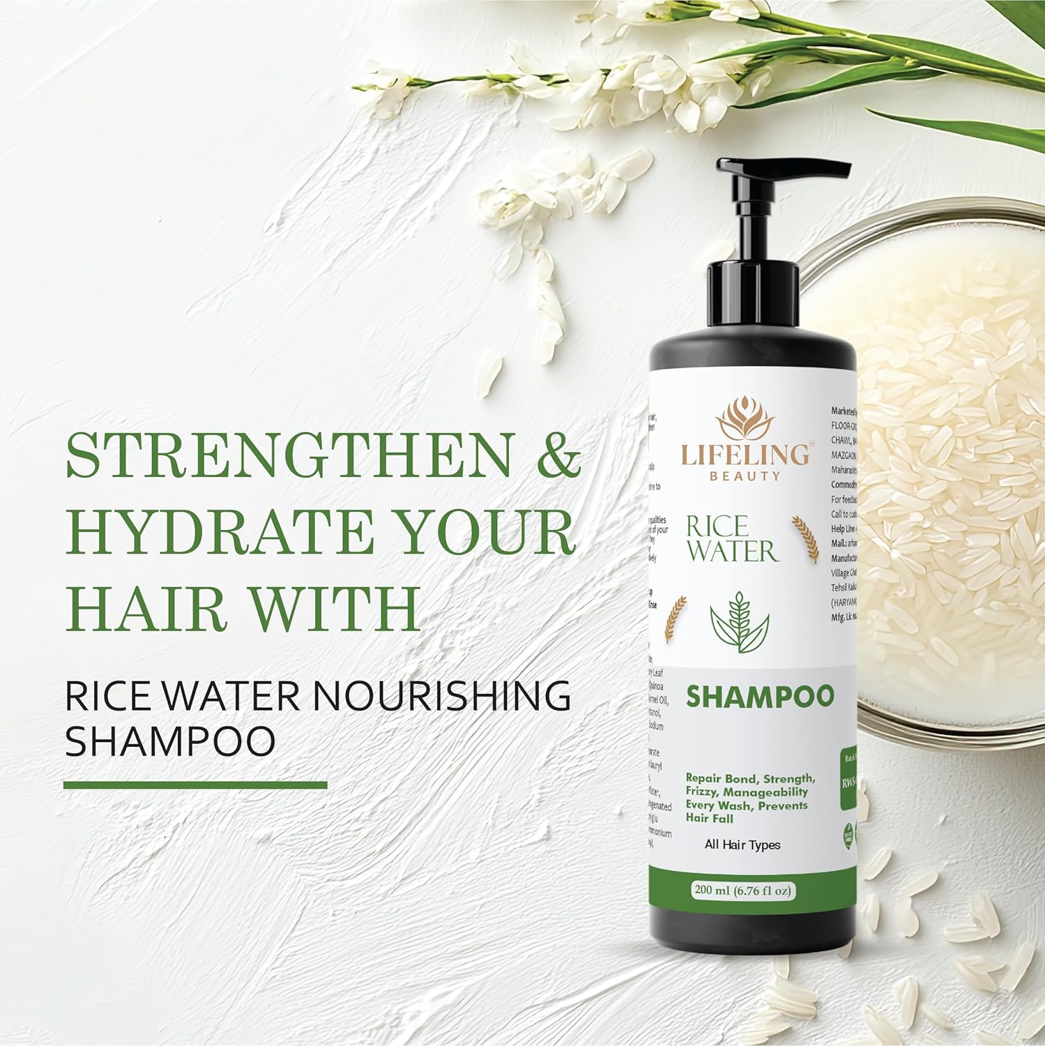 Lifeling Beauty Shampoo, Smoothens Hair, Treats Split Ends, Boosts Hair Growth, All Hair Types, 200 ml (Rice water shampoo)