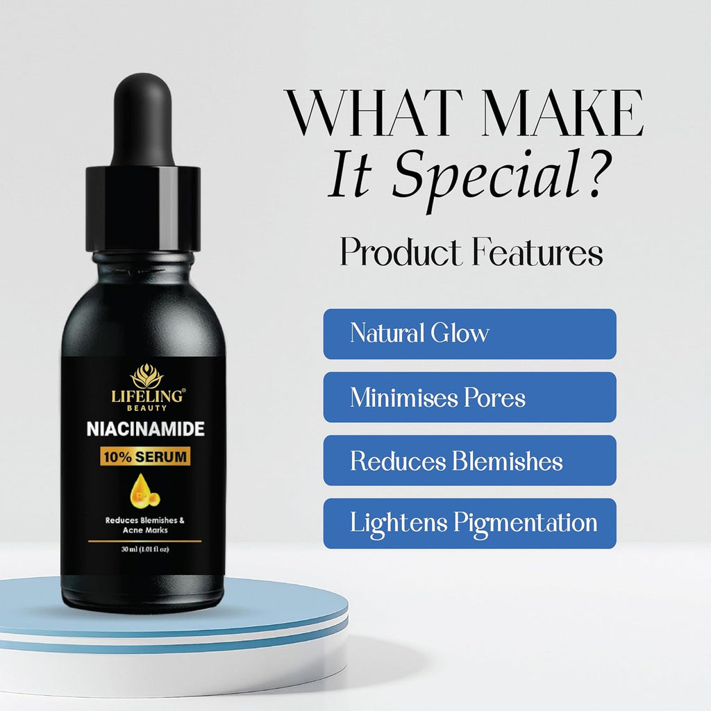 LIFELING BEAUTY Niacinamide 10% Face Serum, Reduces Blemishes & Acne Marks, Minimises Pores, 30ml