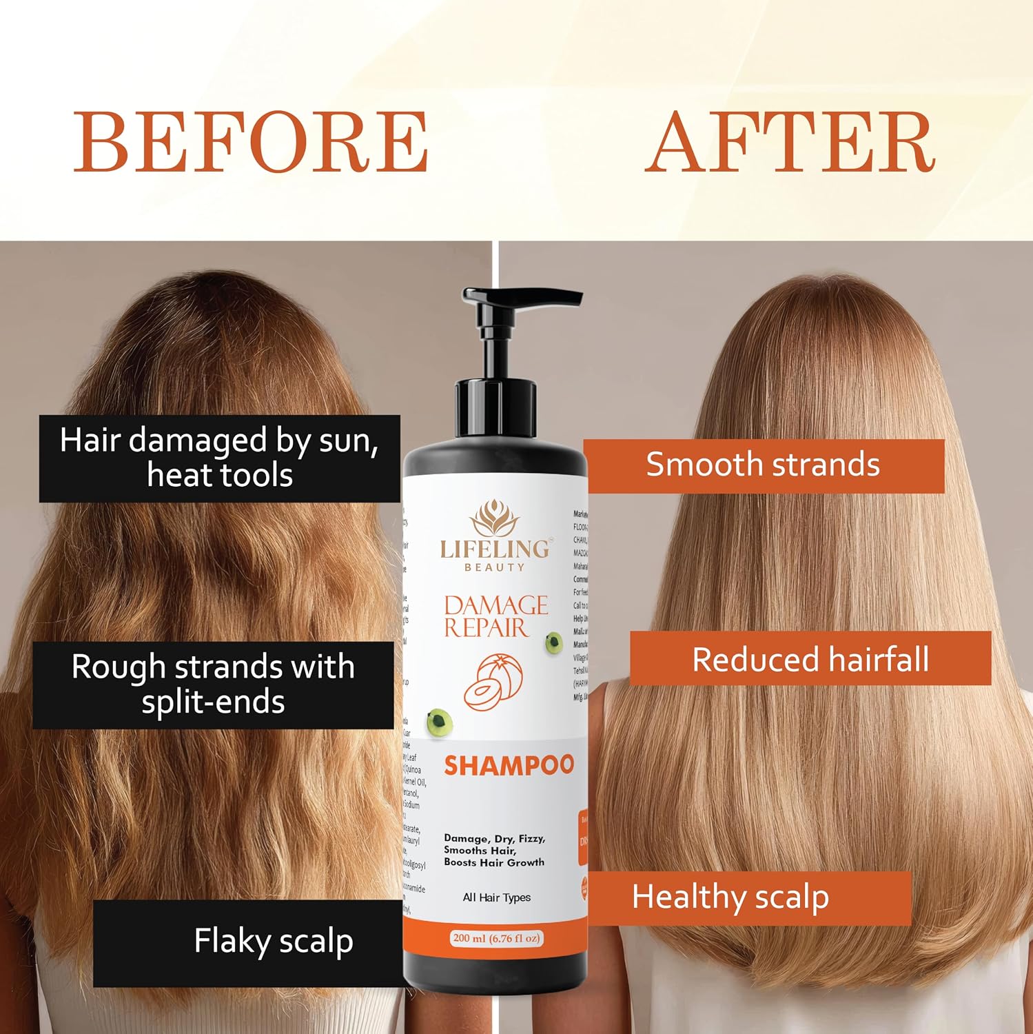 Lifeling Beauty Shampoo, Smoothens Hair, Treats Split Ends, Boosts Hair Growth, All Hair Types, 200 ml (Damage repair shampoo)